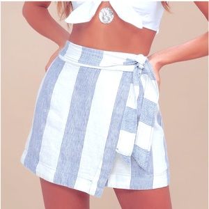 Junior’s Stripped Chambray White Wrap Skirt w/Fabric Buttons+Ruffled Hem Detail